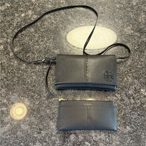 Tory Burch McGraw Black Leather Crossbody Bag and wallet